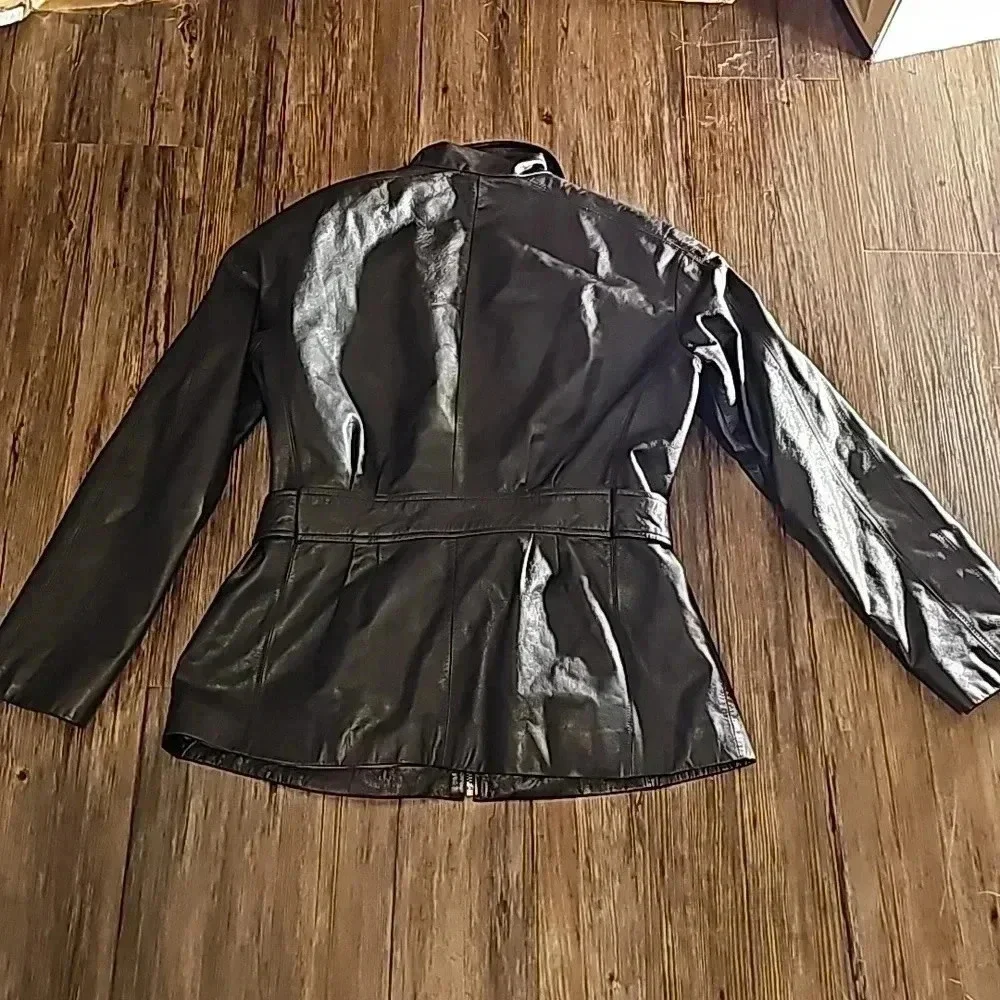 Womens Preston & York Black Leather Trench Moto Jacket Sz Petite Medium - Picture 4 of 7